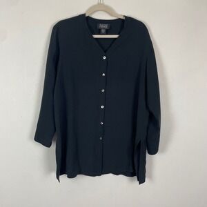 VTG Eileen Fisher Black 100% Silk V Neck Button Front Tunic‎ Top S/M Lightweight